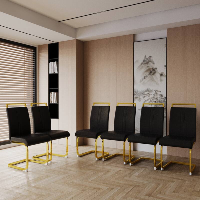 Modern Dining Chairs,PU Faux Leather High Back Upholstered Side Chair with Golden Metal Leg - Set of 4 - Black
