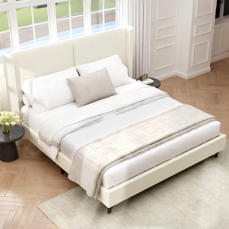 King Size Bed Frame with 55.5"High Back Upholstered Headboard - Beige
