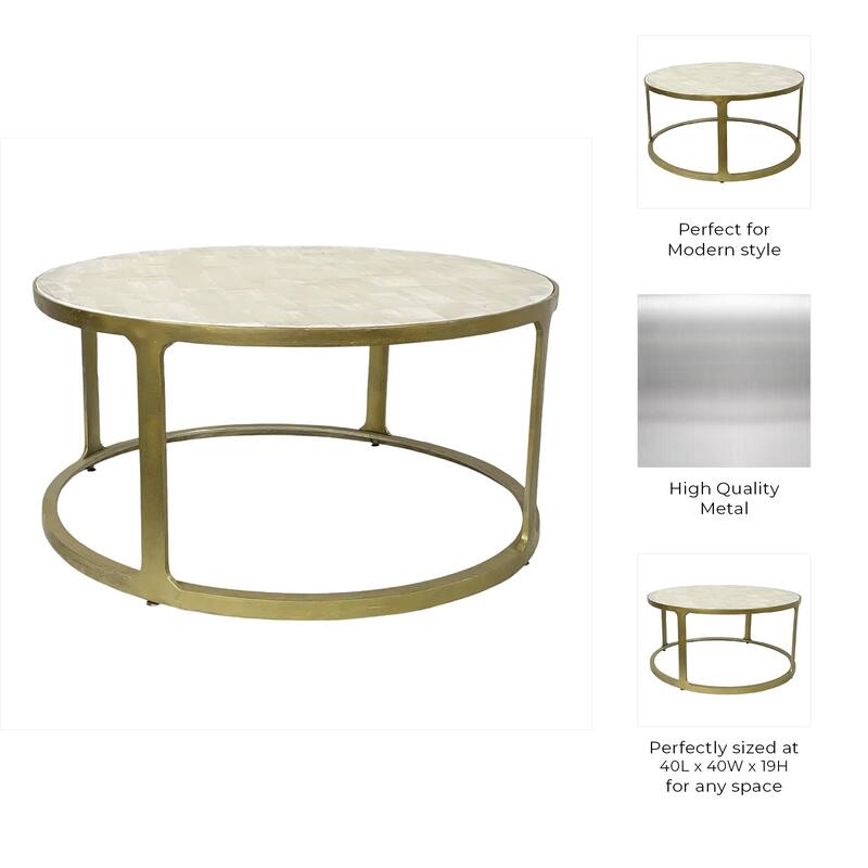 Metal Coffee Table Aluminum Frame with Savoir Style Round Top - 19" Gold & White - 40" x 40" x 19"
