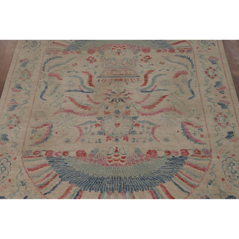 Vegetable Dye Beige Art Deco Turkish Rug Hand-Knotted Wool Carpet - 5'0"x 6'11"