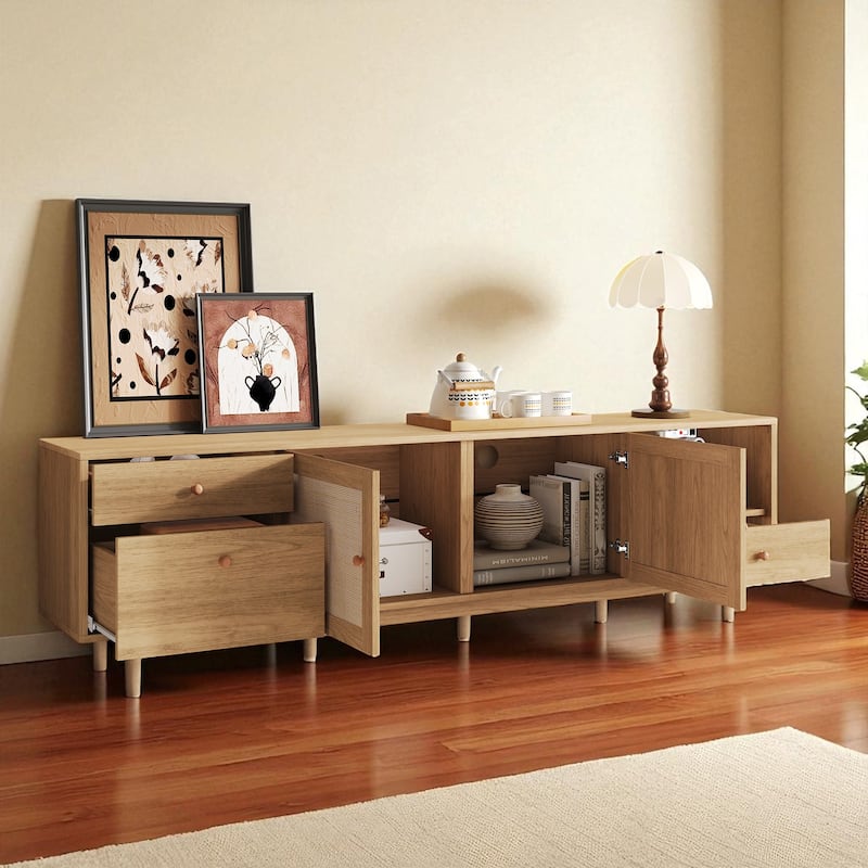 Boho TV Stand with Real Rattan Doors, 76 Inch Entertainment Center for TVs Up to 85", Wood Media Console with Storage