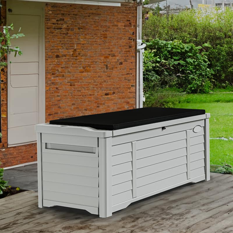 120 Gallons Water Resistant Lockable Deck Box with cushion - White