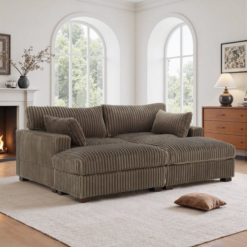 Modern Oversized Plush Corduroy Modular Sectional Sofa with 2 Ottomans - Light Brown-4 Pieces - Symmetrical