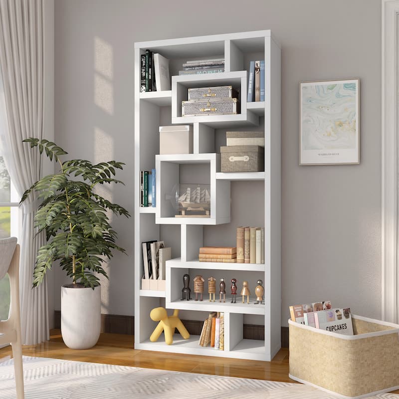 DH BASIC Modern Geometric 11-Shelf Open-Back Bookcase by Denhour - White