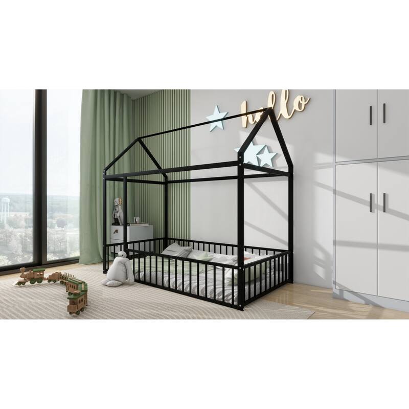Twin Size Black Metal Bed House Bed Frame with Fence - Black