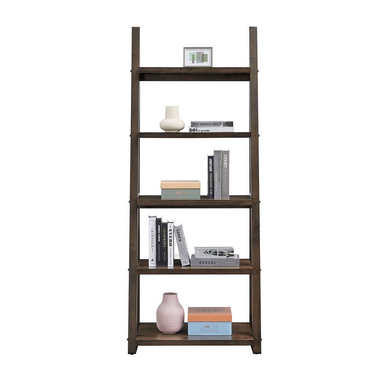 Anmytek Rustic Brown 5-Tier Ladder Shelf Rubber Wood Frame Storage Bookcase for Home Office Living Room Kitchen Bedroom
