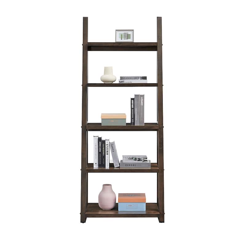 GDF Studio - Modern 5-Tier Ladder Bookshelf with Solid Rubber Wood Frame and MDF Shelves
