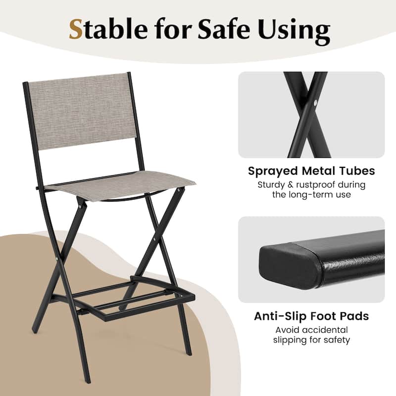 28 Inch Set of 2 Folding Bar Stools with Metal Frame and Footrest for Patio Balcony or Garden Use - 18" x 22.5" x 40"