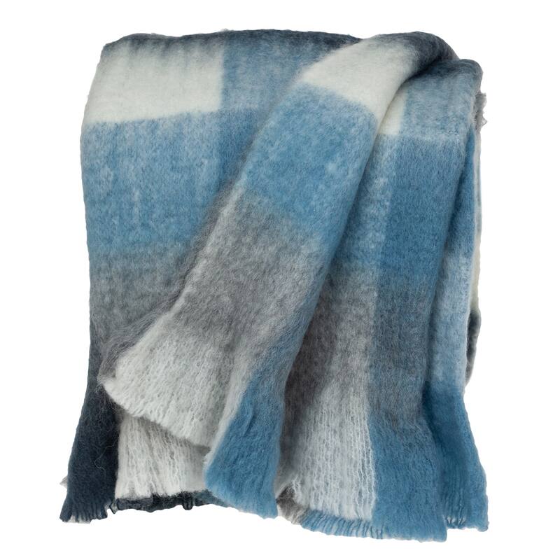 HomeRoots 52" X 67" Gray Ivory and Blue Woven Wool Blend Plaid Throw Blanket with Fringe