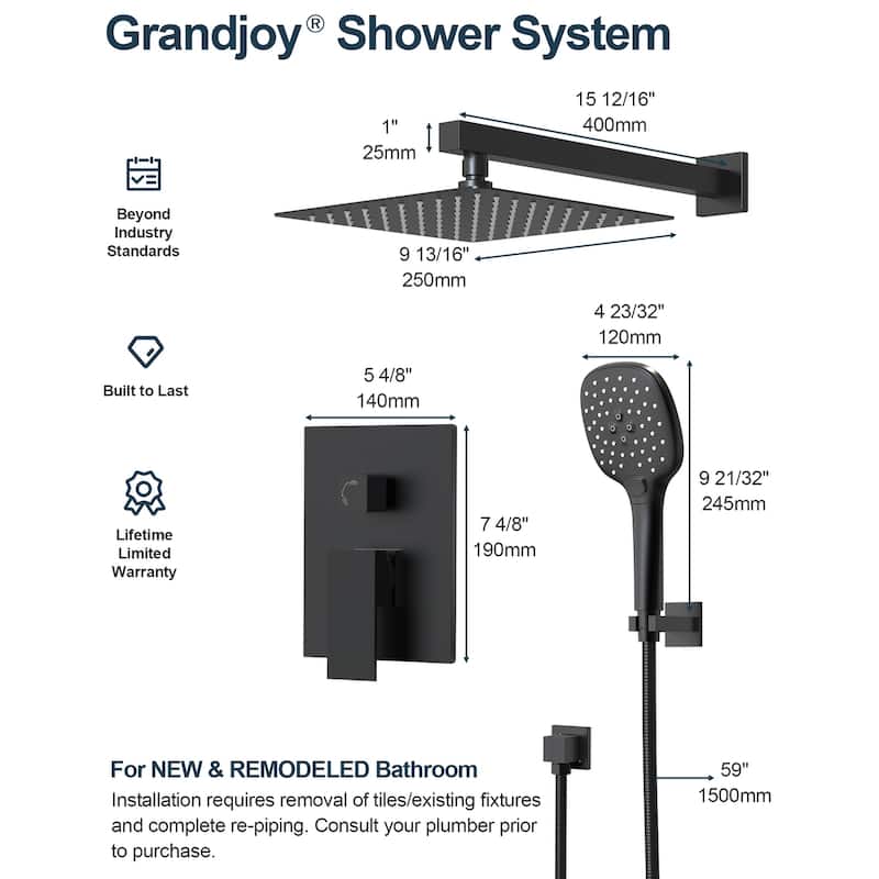 GRANDJOY 10 Inch Rainfall Shower System Pressure Balanced Shower Head with 3-Function Handheld Spray