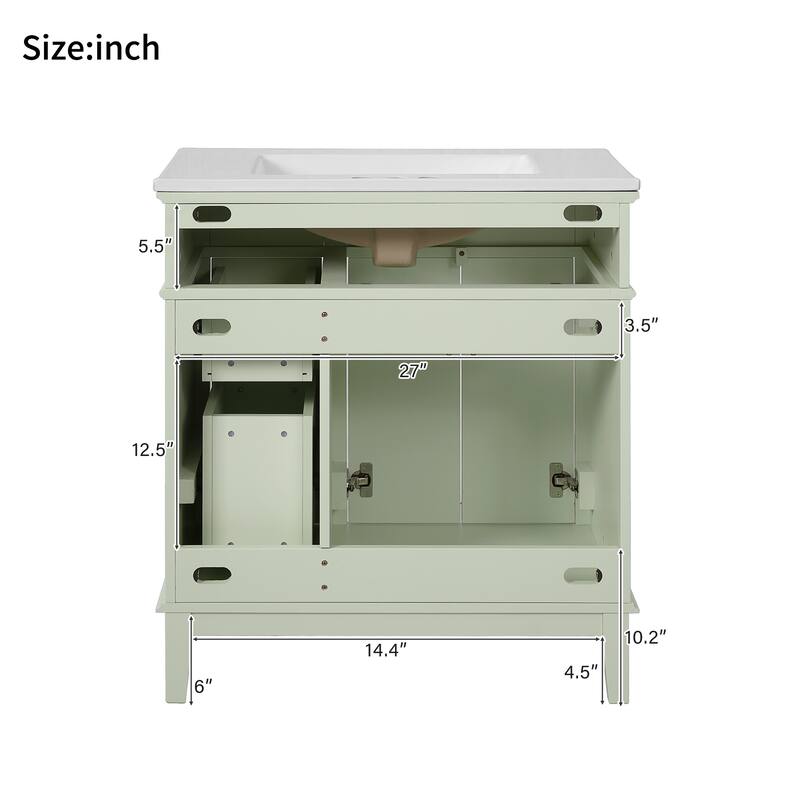 30" Bathroom Vanity with Ceramic Sink, Deep Drawer, Gold Handles & Soft-Close Doors - Modern Storage Cabinet