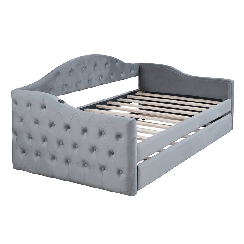 Twin Size Tufted Velvet Daybed with Trundle, USB & Type-C Charging, No Box-Spring Needed