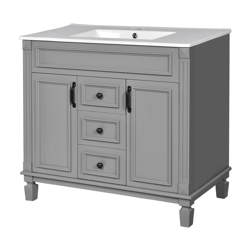30" Ceramic Sink Bathroom Vanity with Gold Handles, Soft-Close Storage & Space-Saving Design