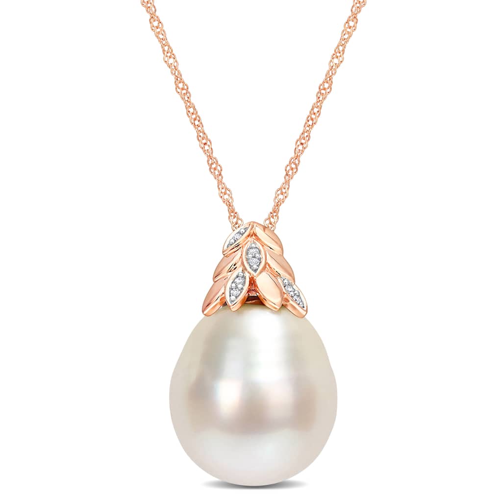 Miadora White South Sea Cultured Pearl & Diamond Accent Pendant in 14k Rose Gold (14-14.5mm)
