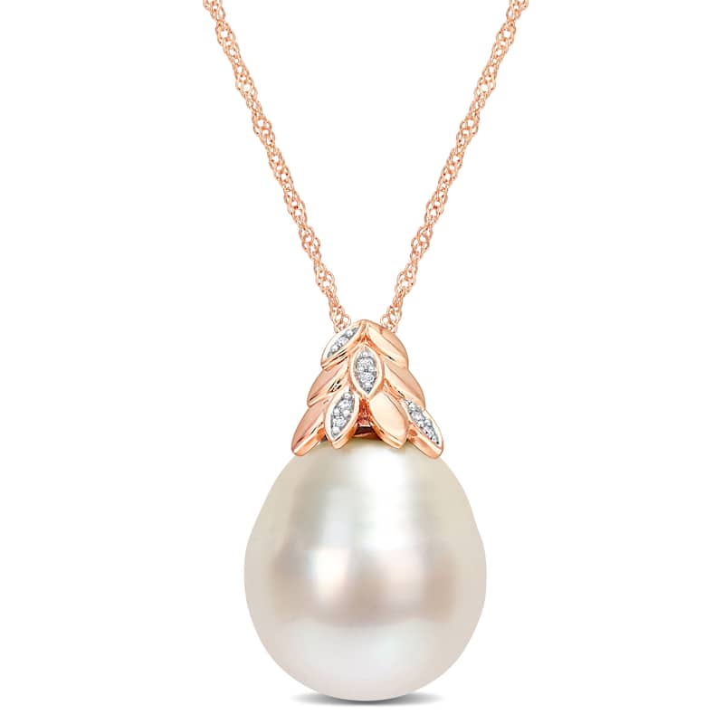 Miadora White South Sea Cultured Pearl & Diamond Accent Pendant in 14k Rose Gold (14-14.5mm)