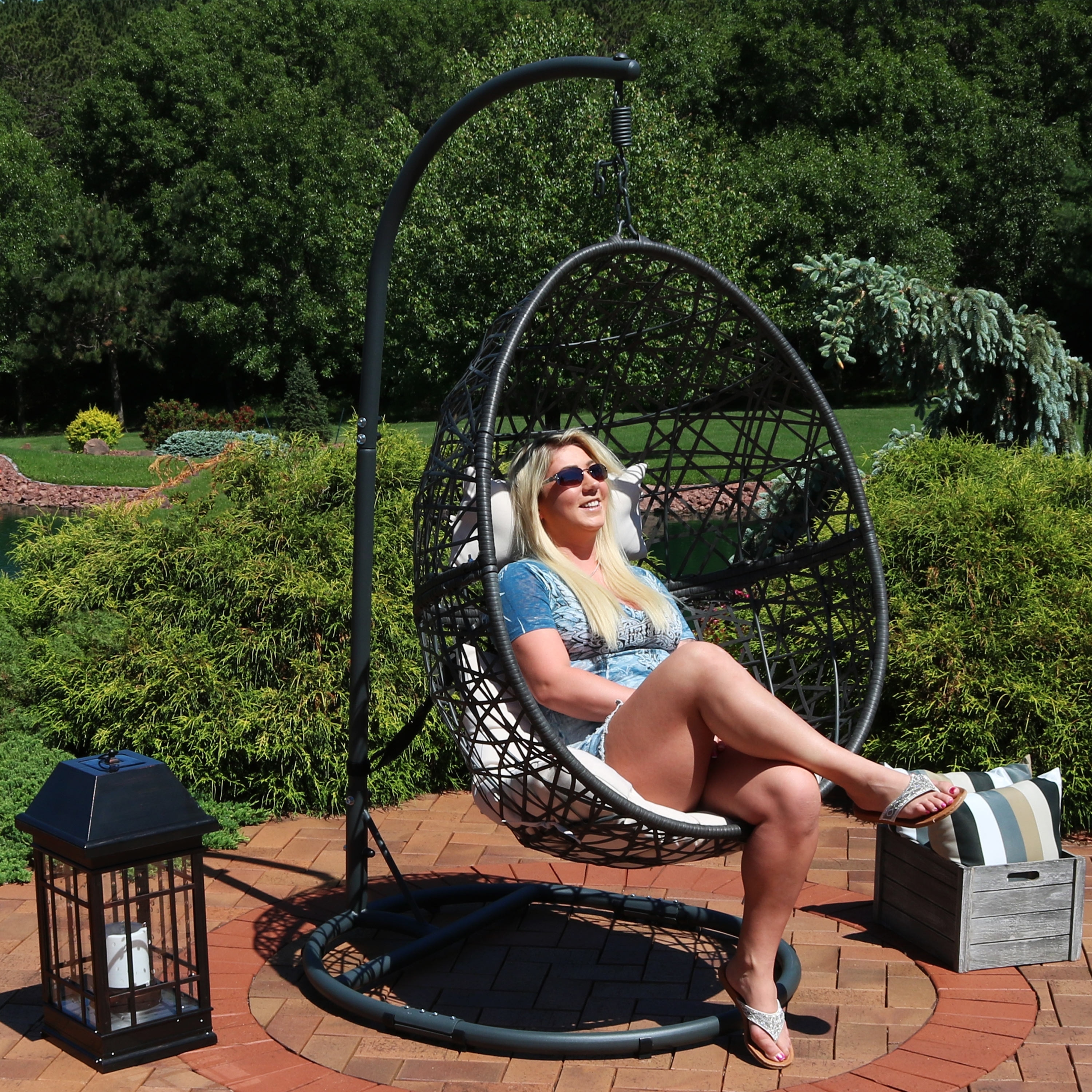 Caroline Hanging Egg Chair with Stand Beige Cushions Bed Bath