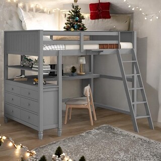 Full size Loft Bed with Drawers and Desk, Wooden Loft Bed with Shelves, Maximized Space,No Box Spring Required