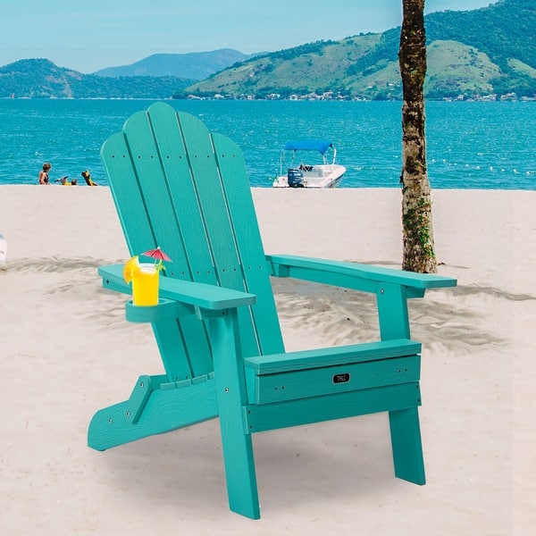 dimension image slide 1 of 5, Folding Adirondack Chair with Cup Holder, for Patio Deck Garden