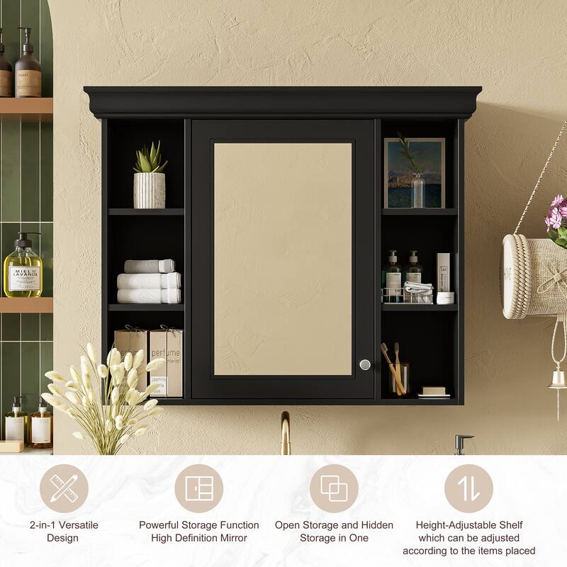 Modern Medicine Cabinet Wall Mounted Storage Cabinet with High Definition Mirror, Open Compartments and Adjustable Shelving