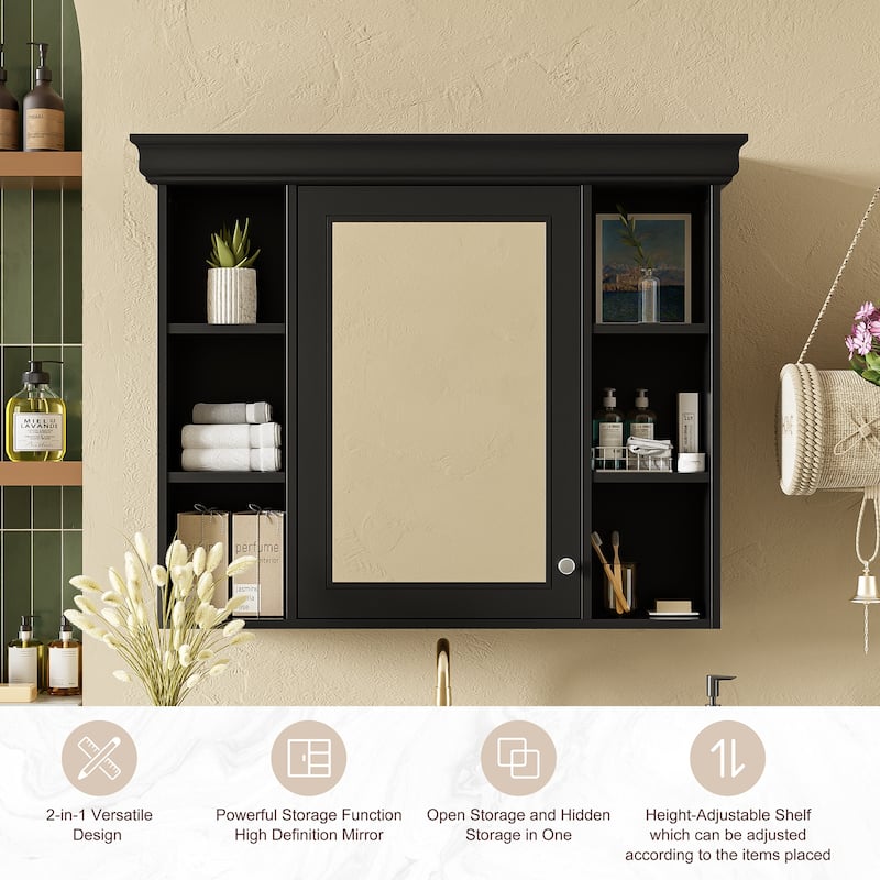 Roomfitters 35x28 Inch Wall Mounted Bathroom Storage Cabinet with Mirror Door and 6 Open Shelves