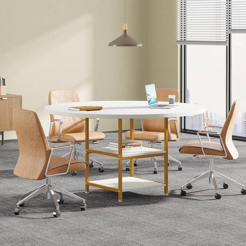 47-Inch Round Wood Conference Table with Storage Shelf Office Training Desk for Conference/Seminar Room