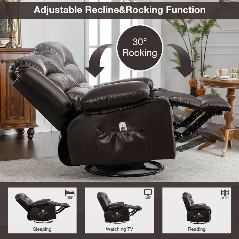 Black 360° Swivel Rocker Recliner with Vibration, Heat, USB Charging, Cup Holders, and Side Storage Pocket