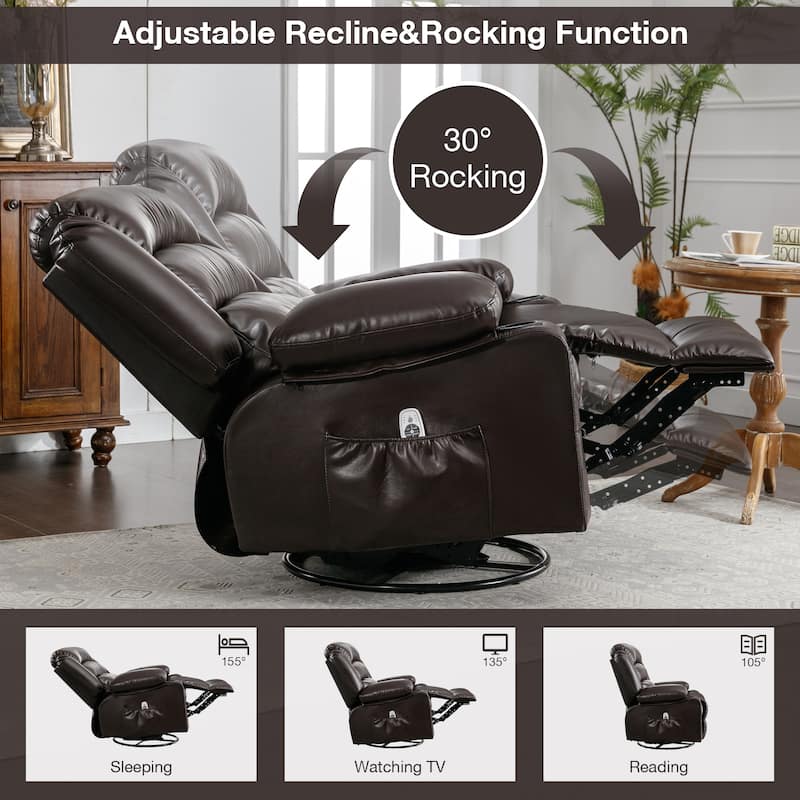 Black 360° Swivel Rocking Recliner featuring Vibration Massage, Heating, Side Pockets, USB Port, and Dual Cup Holders