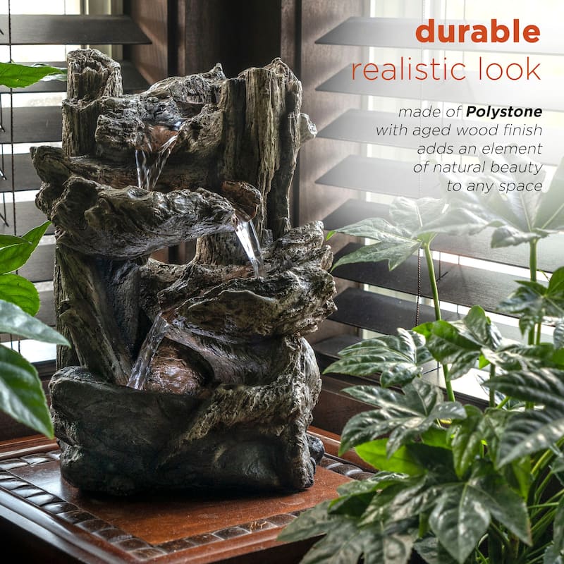 Alpine Corporation 14" Tall Indoor/Outdoor Tiered Log Tabletop Fountain with LED Lights