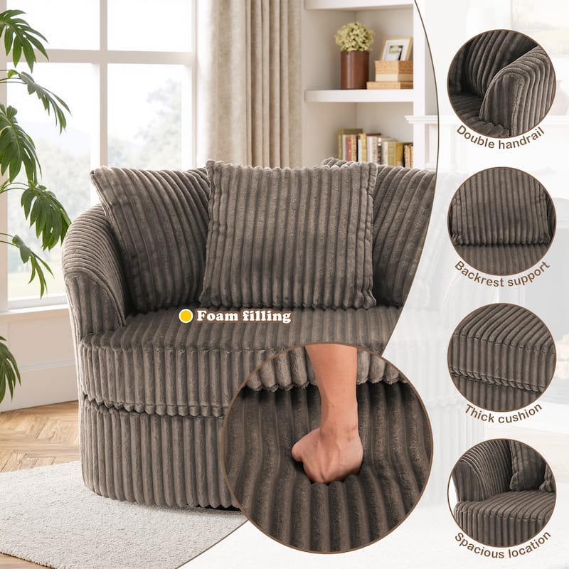 Oversized 43" W Plush Corduroy Recessed Arm Swivel Barrel Chair