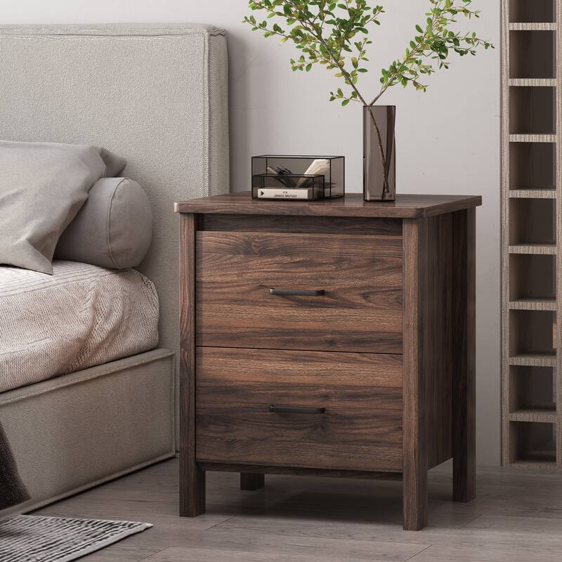 Faux Wood Finish Cupboard Cabinet, Bedroom Nightstand Living Room Display Cabinet with 2 Drawers, Chest Storage Side Bedside