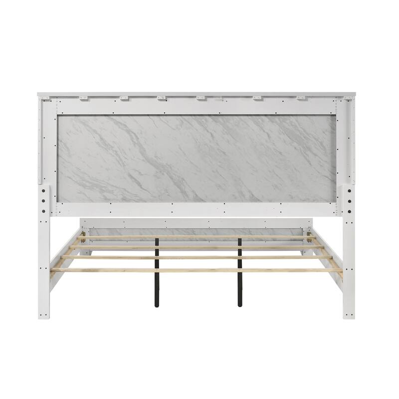 Furniture of America Loris Modern White Panel Bed with Faux Marble Headboard