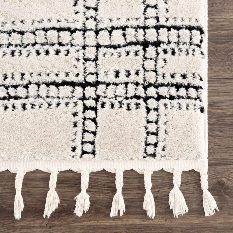 Hauteloom Azana Living Room, Bedroom Area Rug - Farmhouse - High Pile - Bone,Black - 5'3" x 7'