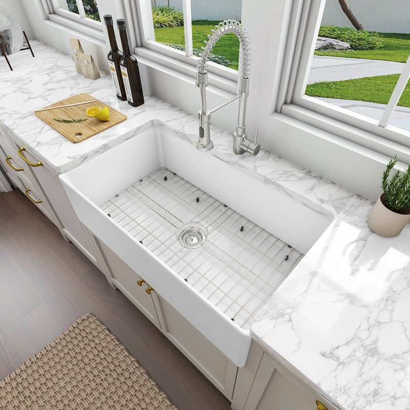 Sinber Farmhouse Apron Single Bowl Kitchen Sink with Fireclay White Finish