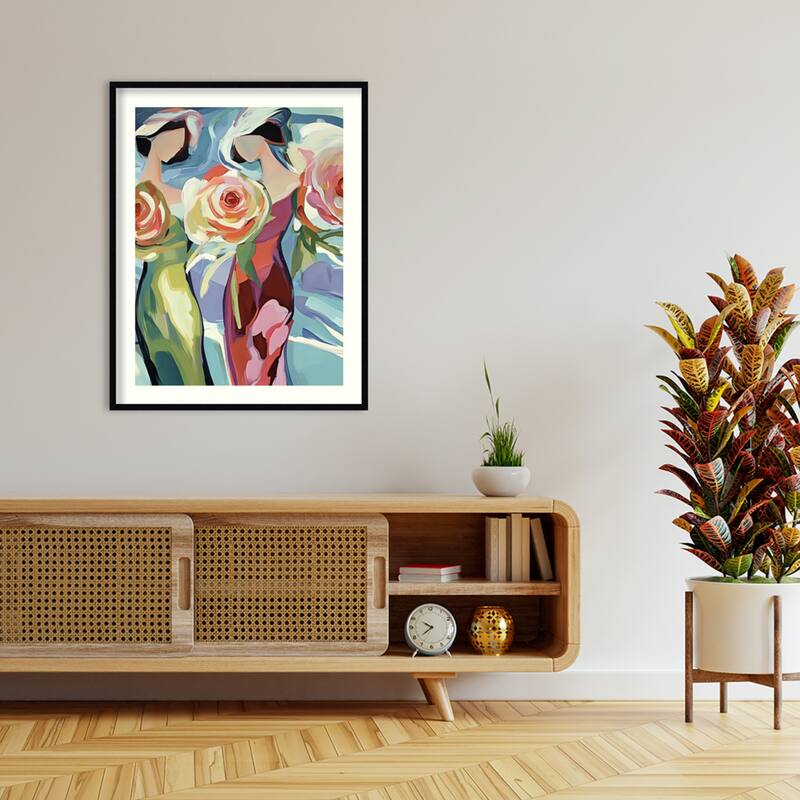 Two Women With Roses by Elena Avanesova Wood Framed Wall Art Print