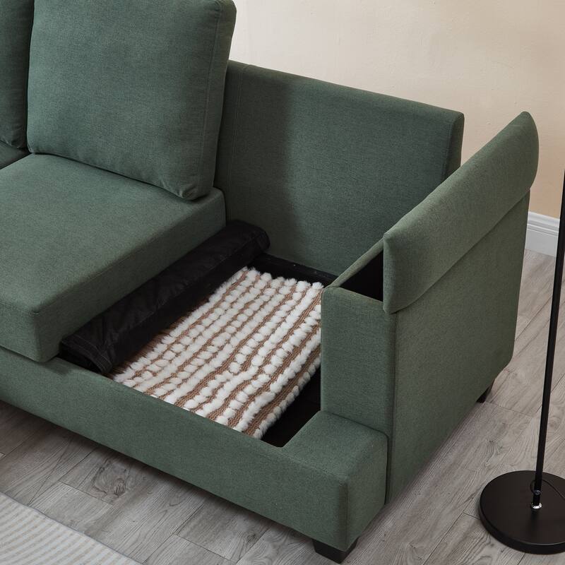 L Shaped 3 Seats Sofa with Armrest Organizer, Linen Sectional Sofa with Movable Ottoman, Comfy Upholstered 3 Seater Couch,