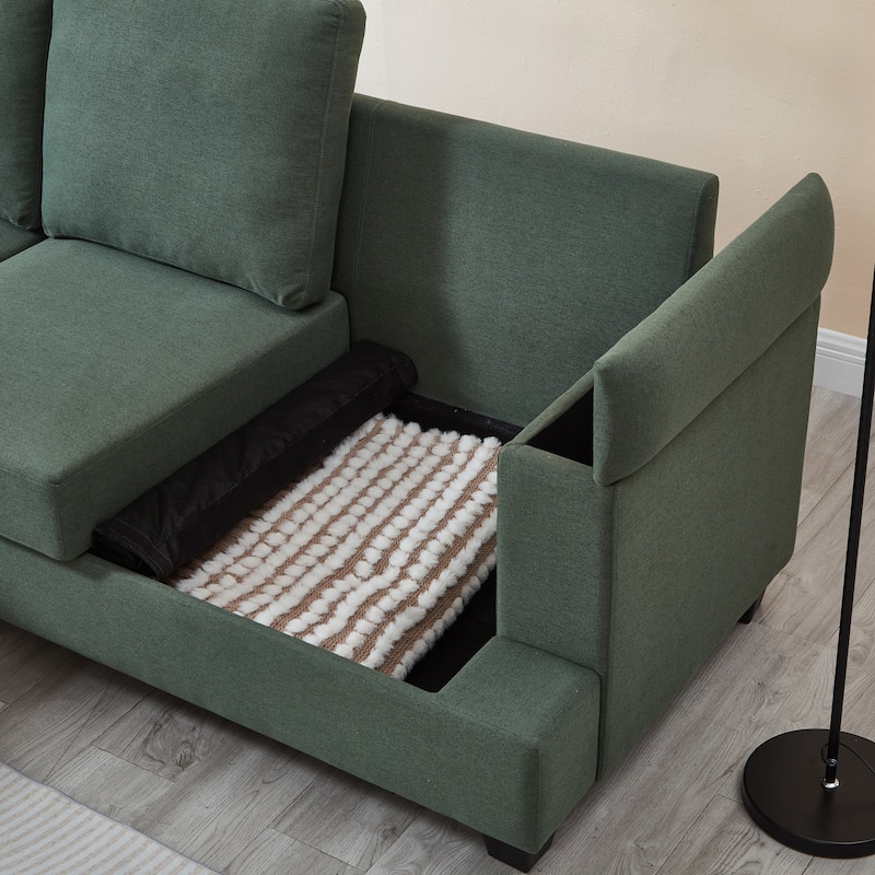 L-shaped Chaise Sectional Sofa with Movable Ottoman, Hidden Storage in Armrests & Seats, Storage Couches with Thick Cushions