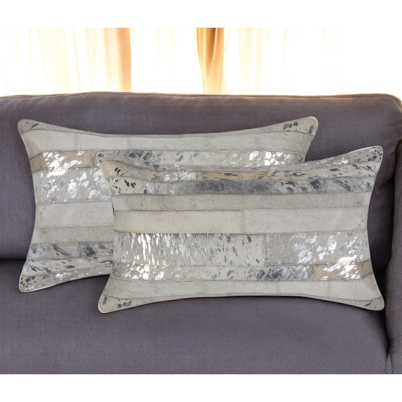 Set of Two 12" X 20" Gray and Silver Striped Cowhide Lumbar Throw Pillows with Glitter - Silver/Gray