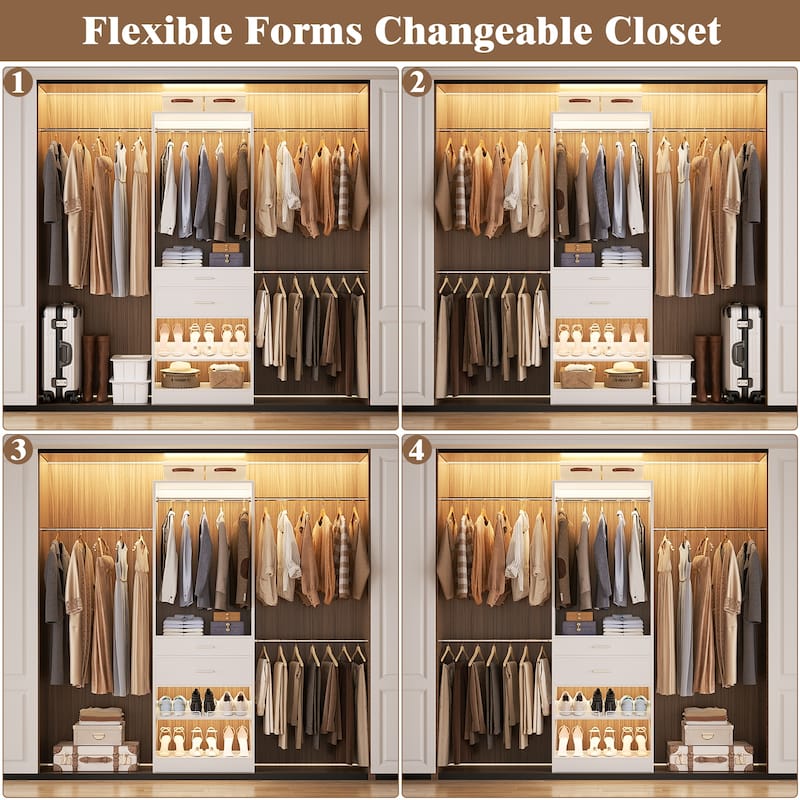 69-96" W Adjustable Closet System with 2 Wooden Drawers and 2 Hanging Rods,Closet Organizer with Shoe Rack for Walk-in/Reach-in