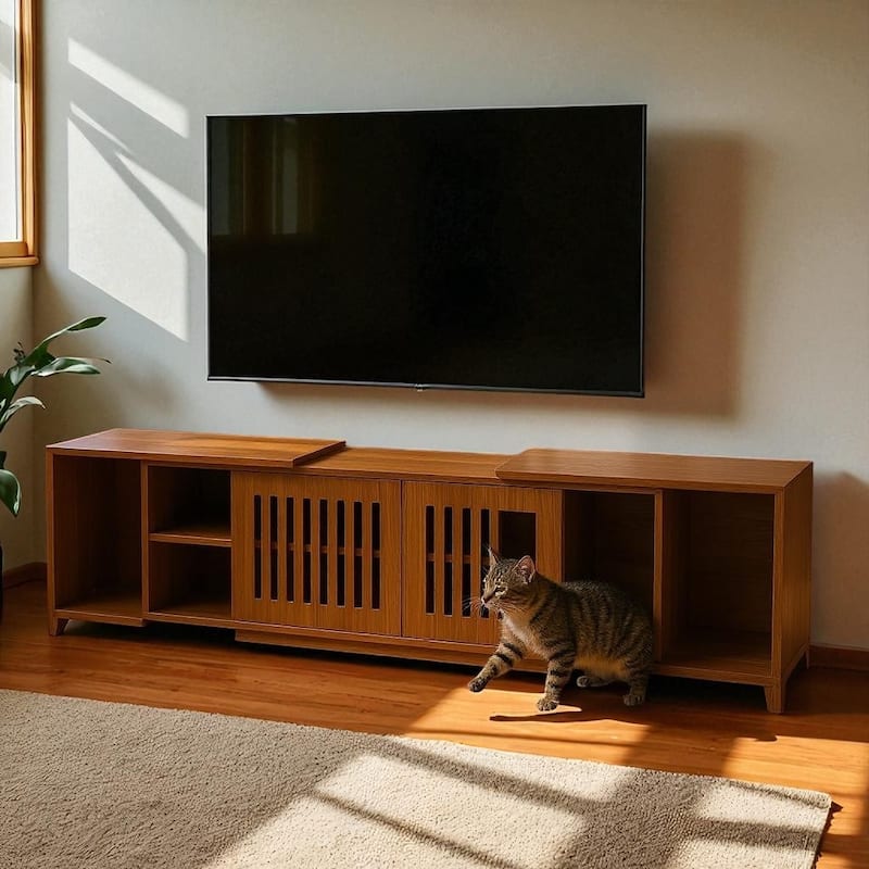 Mid-Century Modern Extendable TV Stand with Cat House & Litter Box Enclosure, Walnut Entertainment Center with Sliding Doors