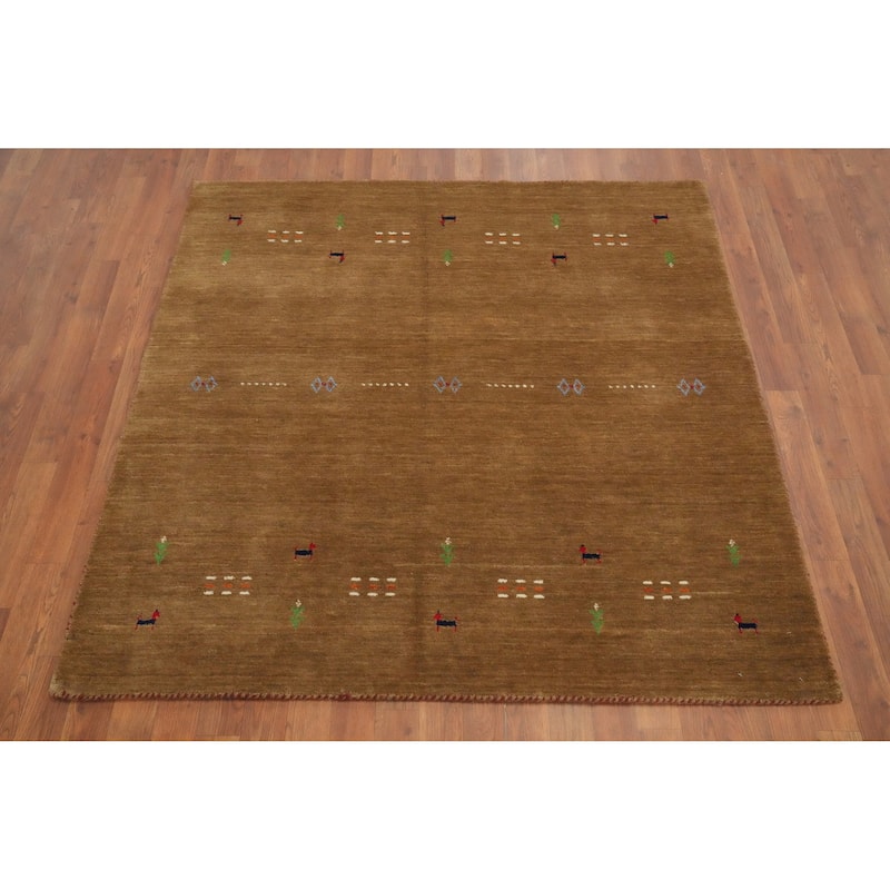 Hand Knotted Oriental 100% Wool Carpet Tribal Animal Pictorial Brown Gabbeh Area Rug - 4' 11'' X 5' 0''