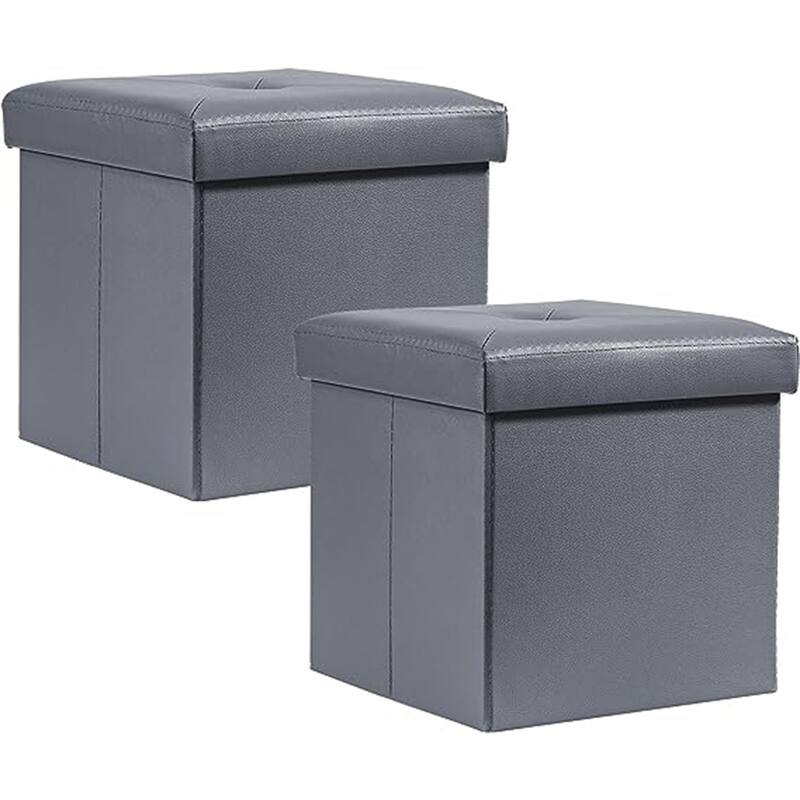 2 PC Storage Folding Ottoman, Storage Footrest Stool, Faux Leather Storage Bench Cube with Padded Seat for Small Space