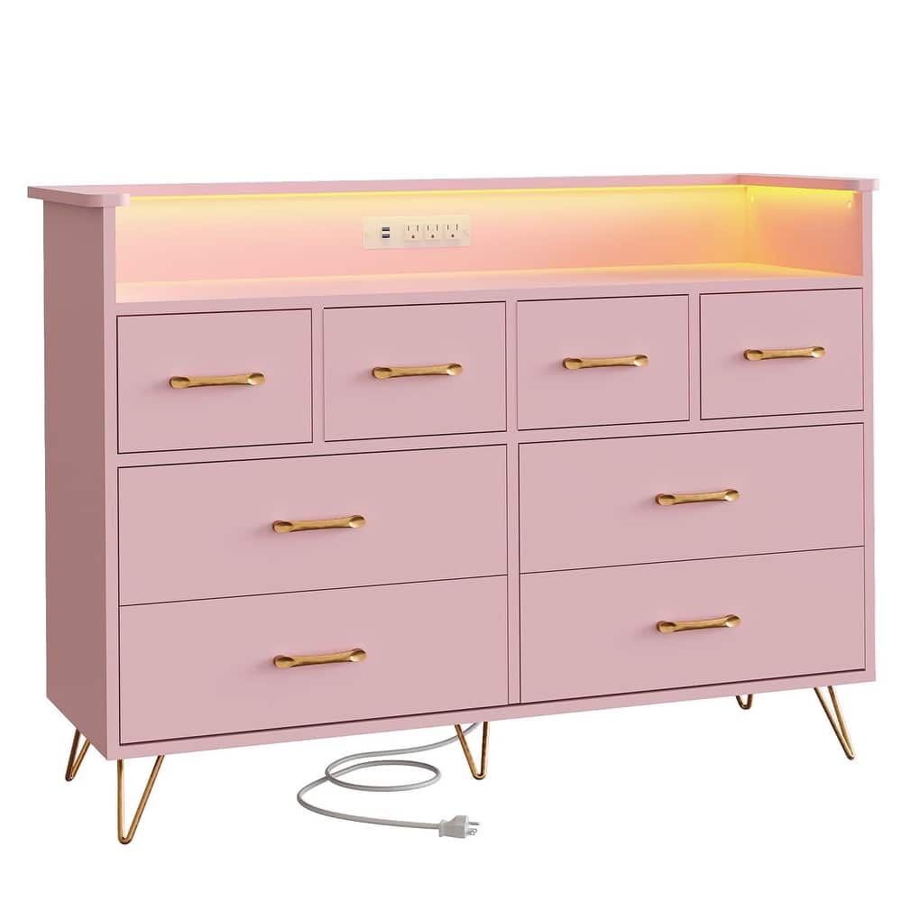 Tall Dresser for Bedroom with Charging Station & RGB Lights - 8 Drawer Wooden Dresser