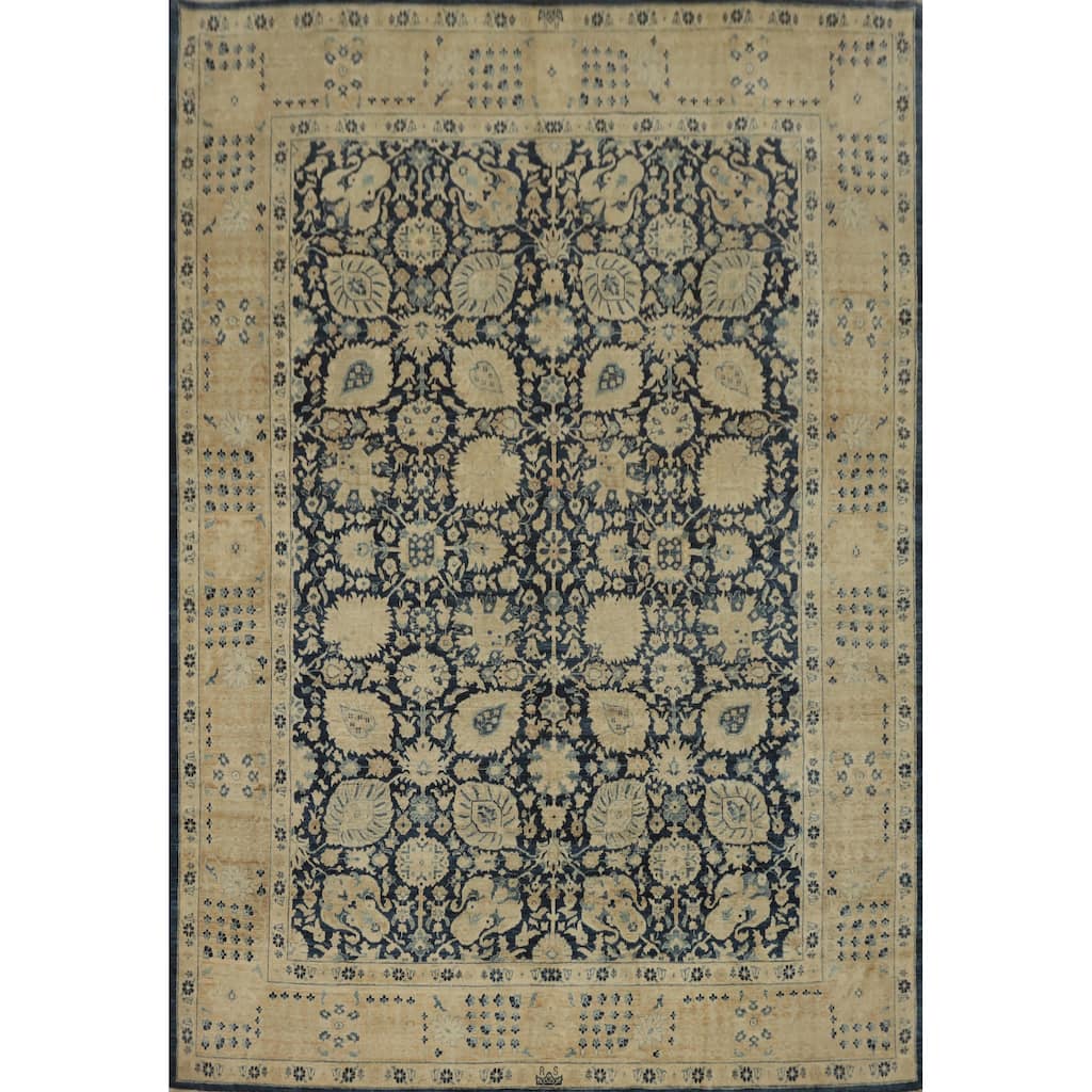 Hand Knotted Traditional Wool Blue Floral Area Rug - 9' 7'' X 8' 2''