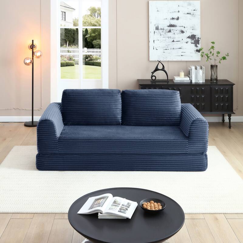 2-in-1 Folding Convertible Sofa Bed, Modern Corduroy Sleeper Couch - Blue