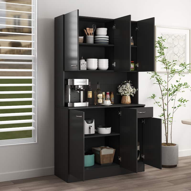 Anmytek 70.87" Tall Black Kitchen Pantry Cabinet with 6 Doors 1 Drawer and Open Shelf for Bedroom Kitchen Storage - Black