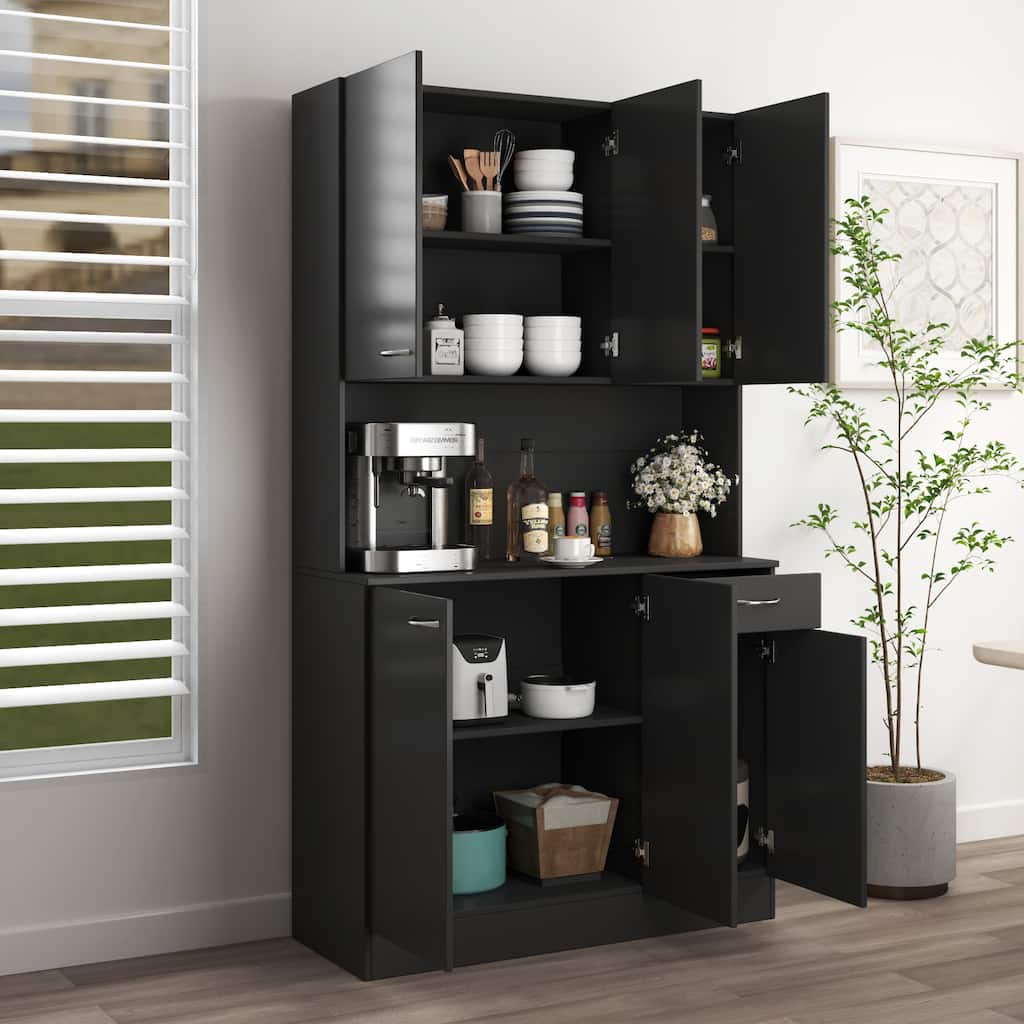 Anmytek 70.87" Tall Black Kitchen Pantry Cabinet with 6 Doors 1 Drawer and Open Shelf for Bedroom Kitchen Storage