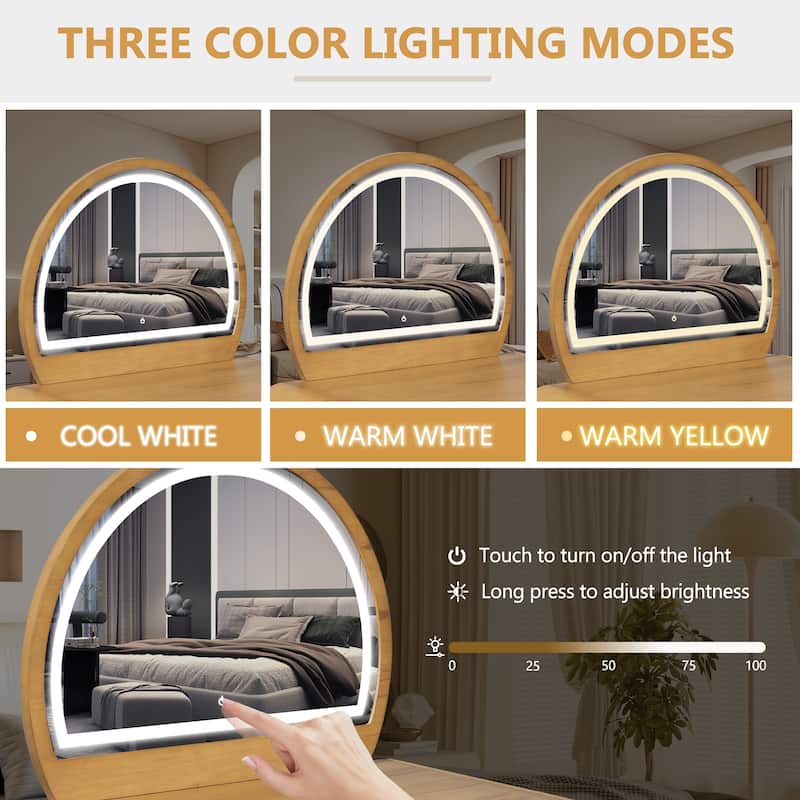 39" Makeup Vanity Table with LED Touch Screen Lighted Mirror, Curved Dressing Table Office Desk with Drawer