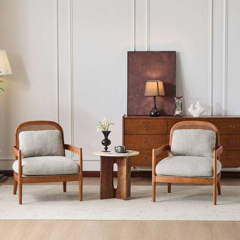 [Set Of 2] 26.6" Accent Chair With Walnut Finish Solid Wood Frame And Rattan Backrest,Comfy Armchairs - Grayish Green+Walnut