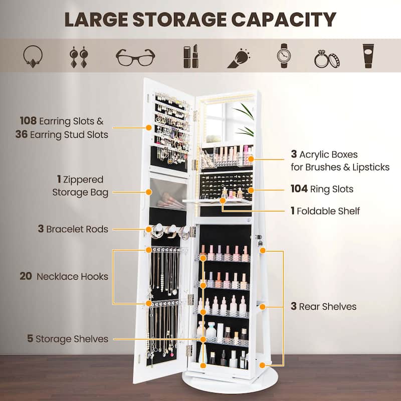 Costway 360° Swivel Jewelry Cabinet Organizer 3-Color LED Mirror with - See Details