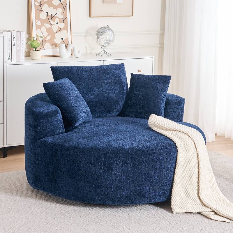 Round Accent Chair with High-Resilience Cushions, Swivel Chenille Barrel Chair, Fluffy Sleeper Lounge Chair - Blue